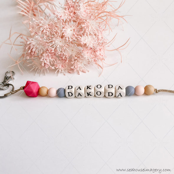 Craft Hanging Creations 3621 Names Key Ring "Dakoda" Natural Cord Natural Wooden Letters Crimson Mustard Pink Grey Beads 23cm