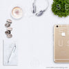 4 WM 11 Flatlay Phone Gold Back Cappaccino Coffee Macarons Greenery Notepad Pen Square