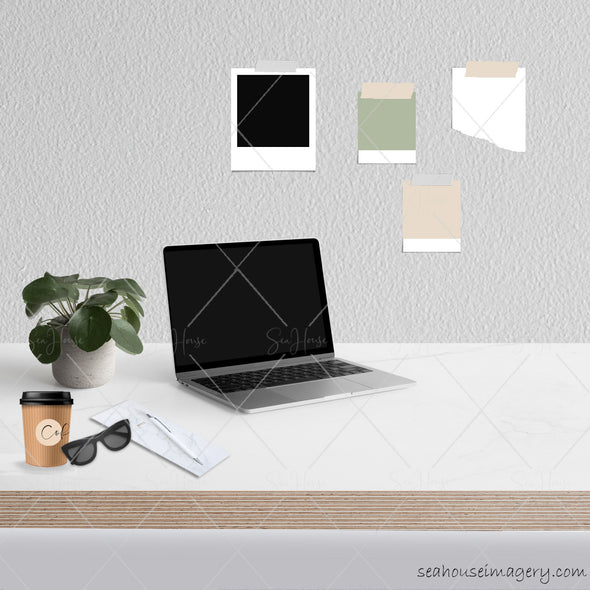 4 WM Working From Home Styled Desktop Photo Bundle Laptop Angled Marble Desktop Cement Plant Coffee Sunglasses Notes Wall Notes Square