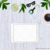 6 WM Marble Flatlay White Tablet Landscape Greenery Sunglasses Polish Earrings Expresso Square Stock Photo