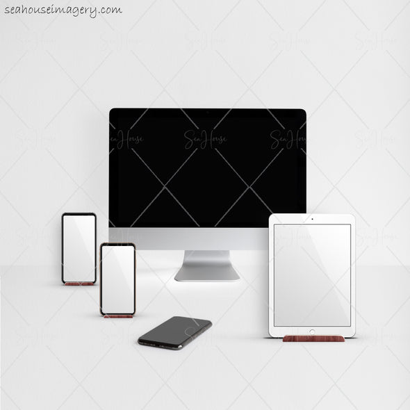 6 WM Working From Home Styled Desktop Photo Bundle IMac IPad Two Phones Subtle Grey Walls and Desktop Square