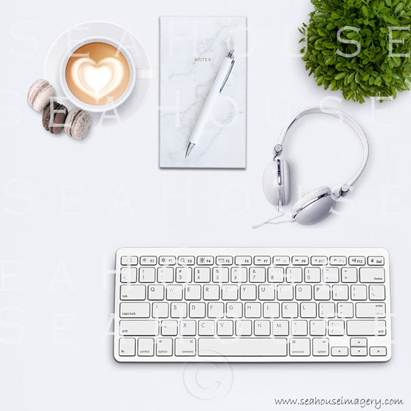 7 WM 3 Flatlay Keyboard Heart Coffee Macarons Greenery Notepad Pen Square