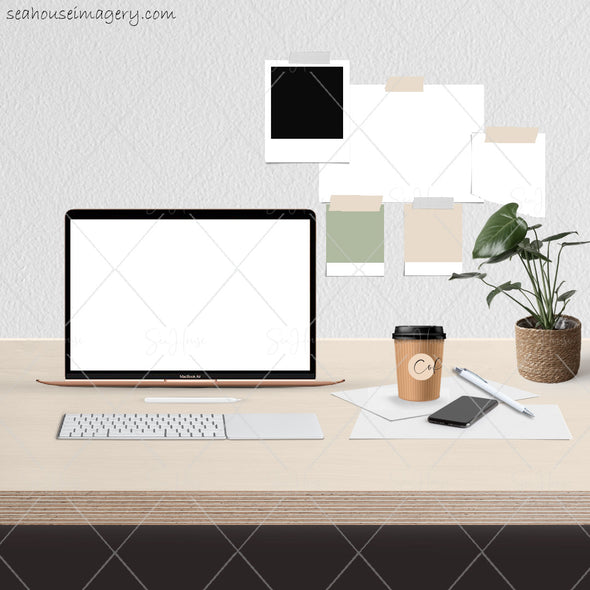 8 WM Working From Home Styled Desktop Photo Bundle MacBook Air Timber Desktop Cane Plant Coffee Papers Pen Wall Notes Square