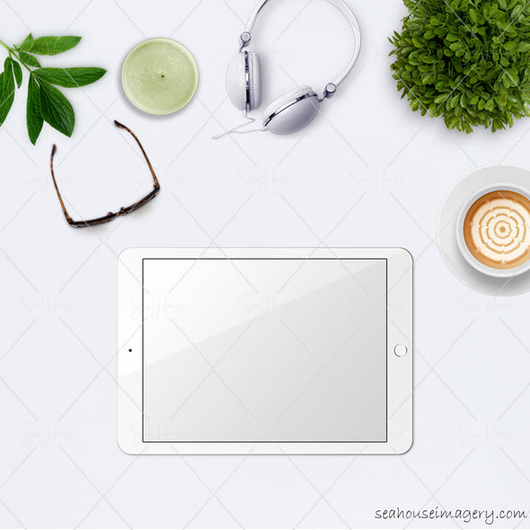 WM 2 Flatlay Styled Desktop White Tablet Landscape Green Bundle Square