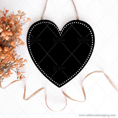 Stock Photo Happy Mother's Day 3835 Blank Black Chalkboard Heart Dried Flowers Raffia Curl at Bottom Square Size