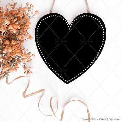 Stock Photo Happy Mother's Day 3836 Blank Black Chalkboard Heart Dried Flowers Raffia Curl on Diagonal Square Size
