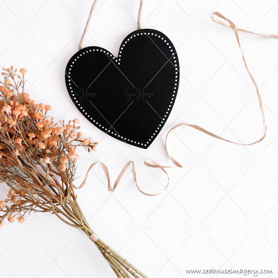 Stock Photo Happy Mother's Day 3837 Blank Black Chalkboard Heart Dried Flowers Angled Raffia Curl Left to Right Square Size