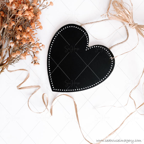 Stock Photo Happy Mother's Day 3838 Blank Black Chalkboard Heart Angled Dried Flowers Raffia Bow and Curl Square Size