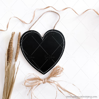 STOCK PHOTO 3845 Blank Black Chalkboard Heart Dried Wheat Heads Raffia Bow at Bottom Curl at Top Square Size