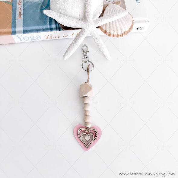 Craft Hanging Creations 4969 Key Ring Pink Heart in Hearts Natural Round & Hexagonal Beads 17cm