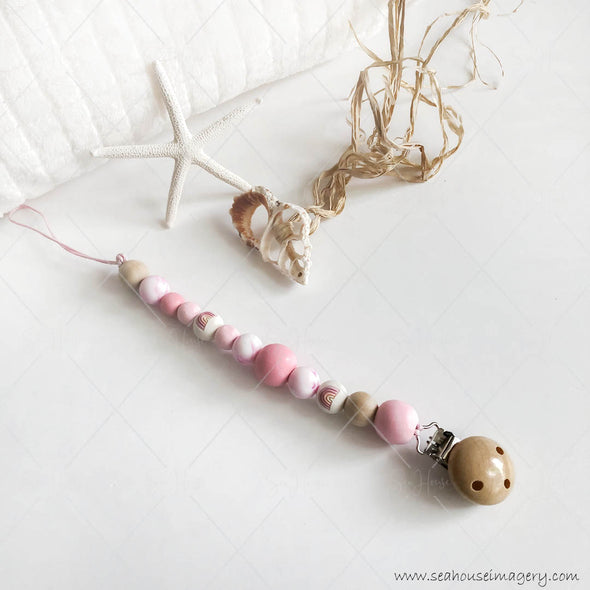 Hanging Creations 5687 Baby Pink Dummy Pacifier Holder Wooden & Silicone Beads SOLD