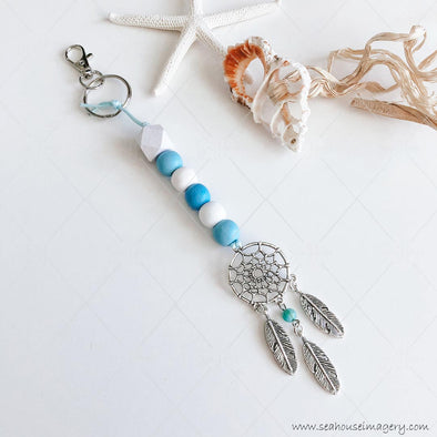 Craft Hanging Creations 5878 Key Ring Silver Dream Catcher Blue & White Beads 21cm