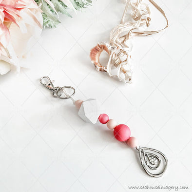 Craft Hanging Creations 5902 Key Ring Silver Pendant White Pink & Crimson Beads 16cm