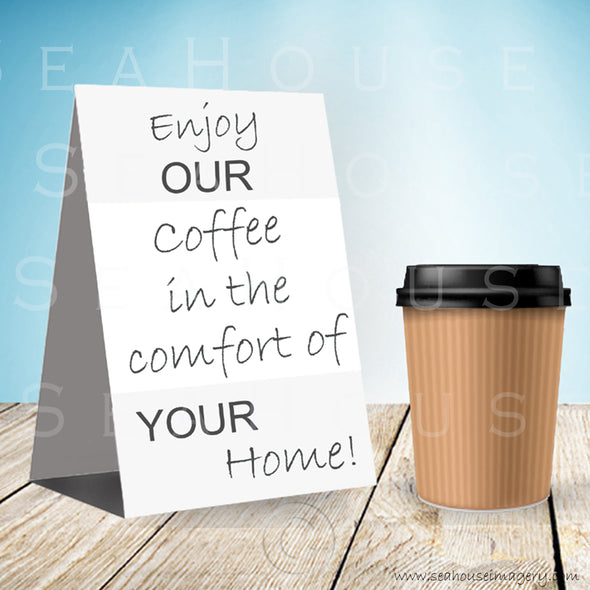 WM Enjoy Our Coffee One Cup Blue Background Grey Text 3066 Square Size