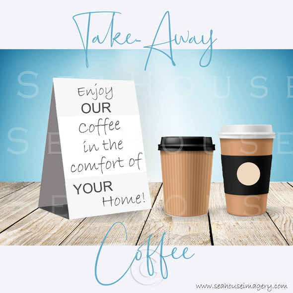 WM Enjoy Our Take-Away Coffee Two Cups Blue Background Grey Text 3066 Square Size