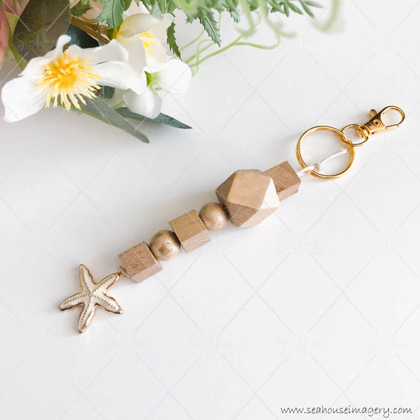Craft Hanging Creations 5599 Key Ring Gold & White Starfish Gold Wooden Beads 17cm