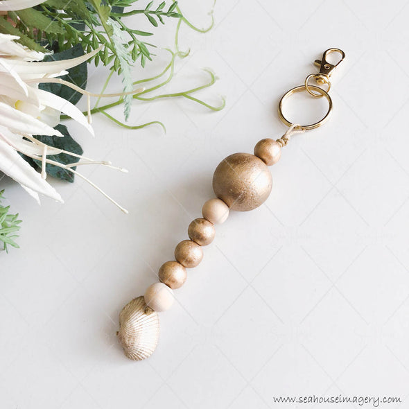 Craft Hanging Creations 5609 Key Ring Gold Shell & Gold & Natural Wooden Beads 18cm