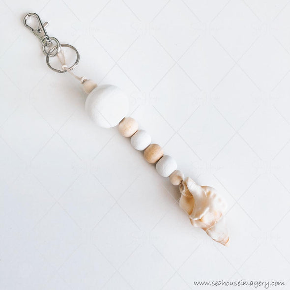 Craft Hanging Creations 5348 Key Ring White Shell Large & Small White & Natural Wooden Beads 18cm