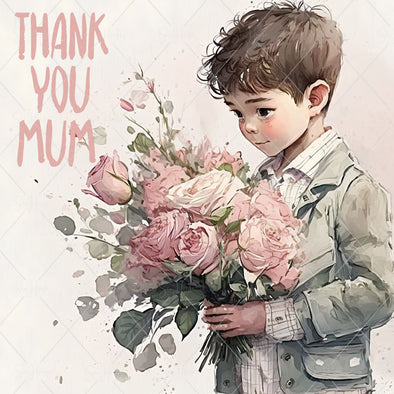 STOCK PHOTO Happy Mother's Day Young Boy Holding Bouquet of Pink Roses Thank You Mum Square Size