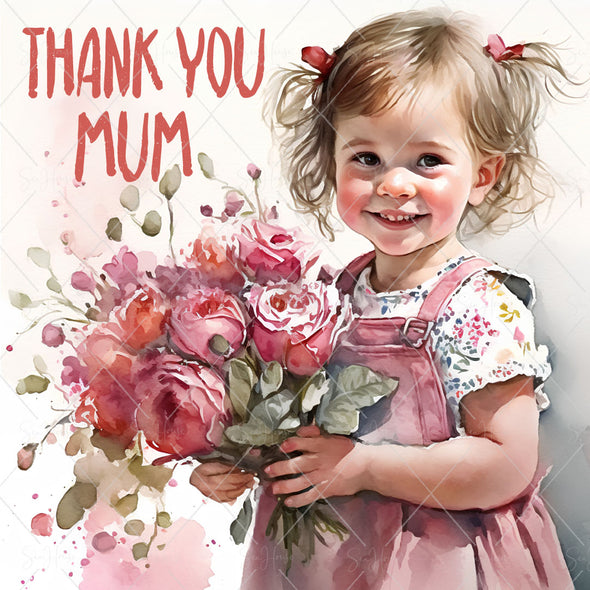 STOCK PHOTO Happy Mother's Day Young Smiling Girl Holding Bouquet of Pink Roses Thank You Mum Square Size