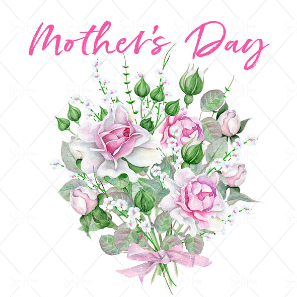 STOCK PHOTO Happy Mother's Day Bouquet of Pink & White Roses & Rose Buds With Bow Square Size
