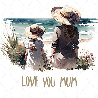 STOCK PHOTO Happy Mother's Day Mum and Girl With Hats On Looking at Choppy Beach Love You Mum Square Size
