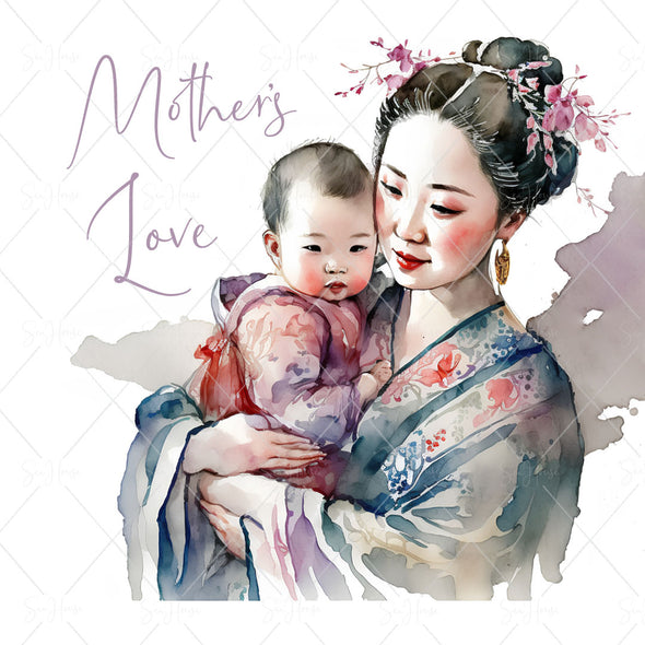 STOCK PHOTO Happy Mother's Day Asian Mum Hugging Bub Mother's Love Square Size