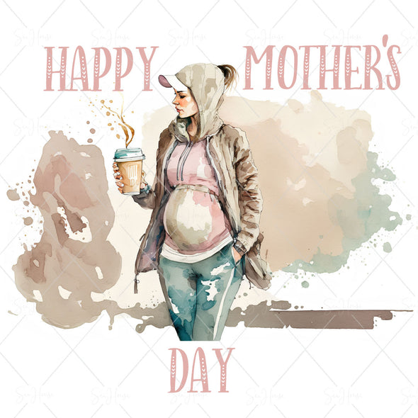 STOCK PHOTO Happy Mother's Day Pregnant Mum Holding Coffee Dressed Casual Square Size