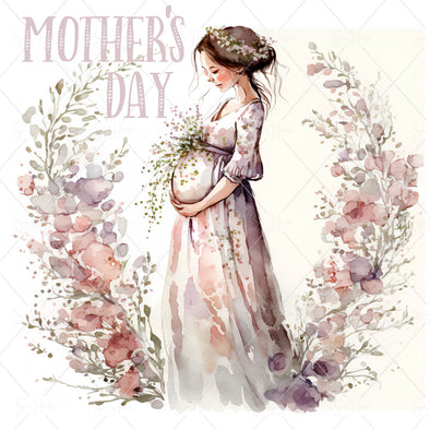 STOCK PHOTO Happy Mother's Day Pregnant Mum Holding Baby Bump Surrounded by Floral Wreath Square Size