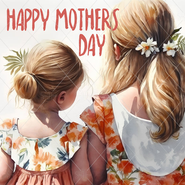 STOCK PHOTO Happy Mother's Day Two Young Girls From Back With Flowers In Their Hair & Bright Dresses Square Size