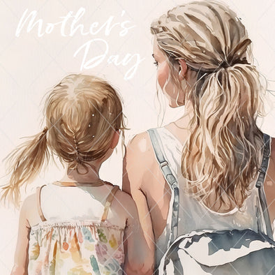 STOCK PHOTO Happy Mother's Day Young Girl With Mum With Pony Tail From Back Square Size