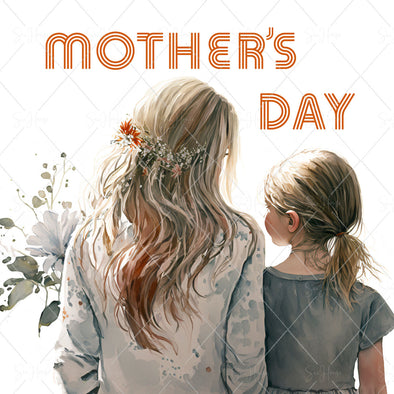 STOCK PHOTO Happy Mother's Day BoHo Mum With Floral Hairpiece  & Girl Square Size