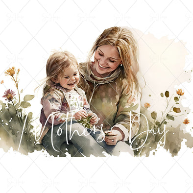 STOCK PHOTO Happy Mother's Day Smiling Mum & Young Girl Sitting in Flowers Square Size