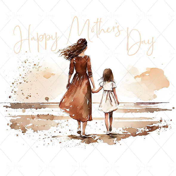 STOCK PHOTO Happy Mother's Day Young Mum and Girl Holding Hands Facing Towards Beach Square Size
