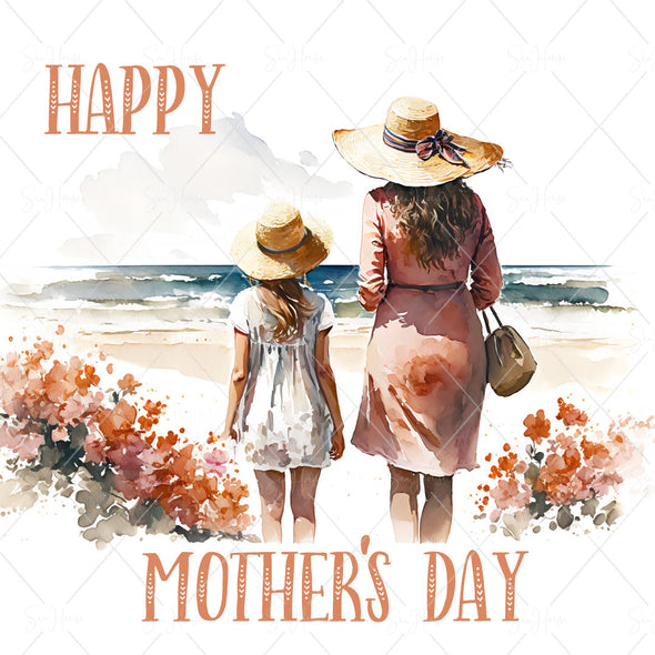 STOCK PHOTO Happy Mother's Day Mum With Bag and Girl at Beach Pink & Apricot Flowers in Foreground Square Size