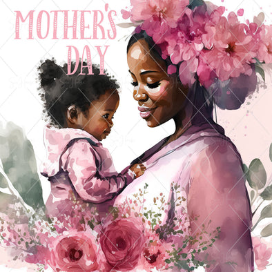 STOCK PHOTO Happy Mother's Day Beautiful Mum & Child Surrounded in Pink Flowers Square Size