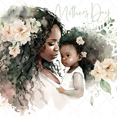 STOCK PHOTO Happy Mother's Day Beautiful Young Mum and Girl Surrounded by Beige Flowers Square Size
