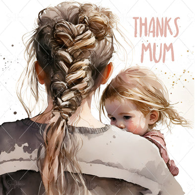 STOCK PHOTO Happy Mother's Day Mum With Hair Plait From Behind Carrying Toddler Thanks Mum Square Size