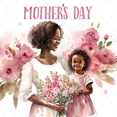 STOCK PHOTO Happy Mother's Day Happy Young Mum Holding Pink Bouquet With Smiling Girl Square Size