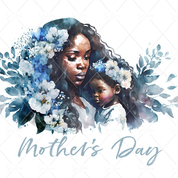 STOCK PHOTO Happy Mother's Day Beautiful Mum and Girl Child Surrounded by Blue & White Flowers Square Size