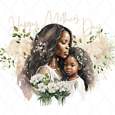 STOCK PHOTO Happy Mother's Day Beautiful Mum and Girl Child Surrounded by Green & White Flowers Square Size