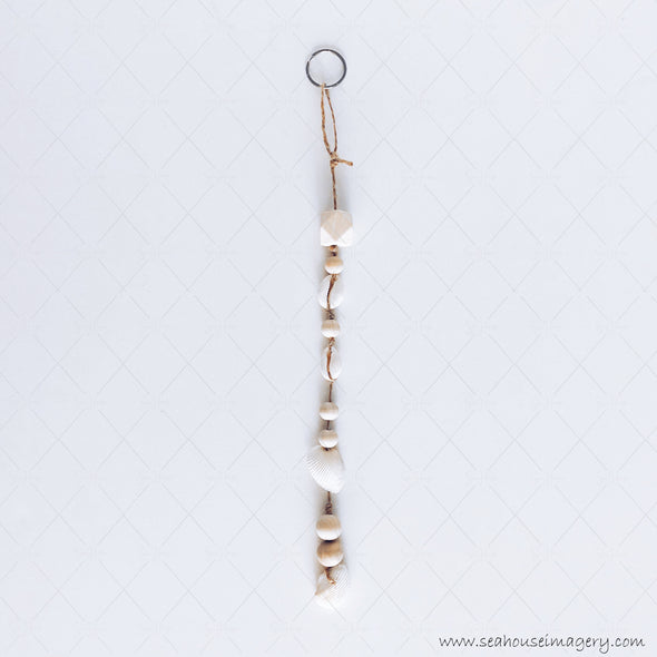 WM SeaHouse Craft Hanging Creations 2693 String of Wooden Beads Cowrie and White Shells 32cm