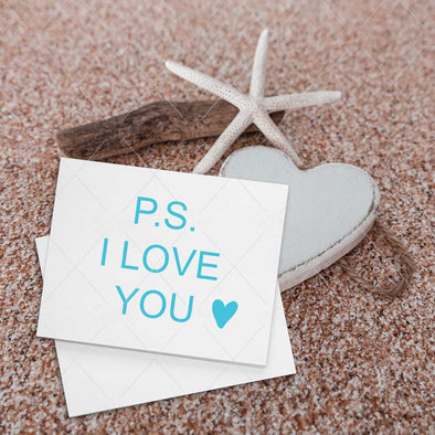 STOCK PHOTO P.S. I Love You On Sand Heart Starfish & Driftwood 2589 Square Size