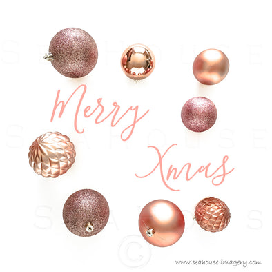 Merry Xmas Pink Text On Sides Blush Rose Gold Baubles 1147 Square Size
