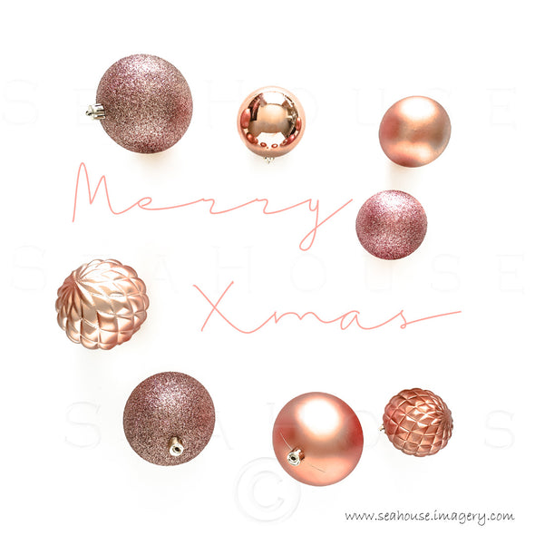 WM Merry Xmas Elegant Pink Text On Sides Blush Rose Gold Baubles 1147 Square Size