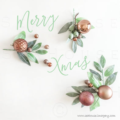 WM Merry Xmas Greenery x 3 Green Text White Space Blush Rose Gold Baubles 1355 Square Size